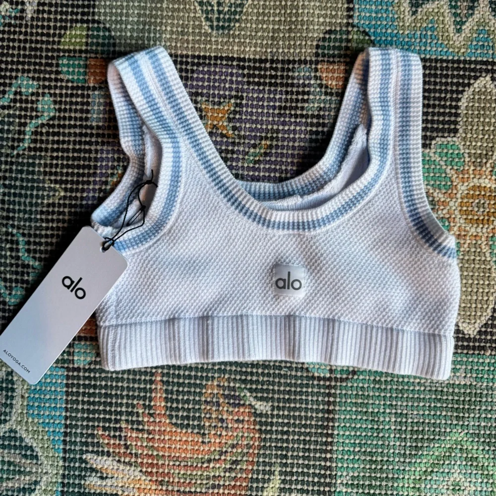 NWT ALO Yoga Tennis Club White and Crystal Blue Striped Knit Bra Top ONLY